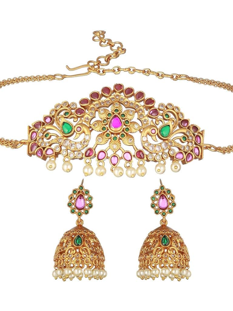 Gold plated Zircon Studded Peacock Motif Choker Jewellery Set view 4