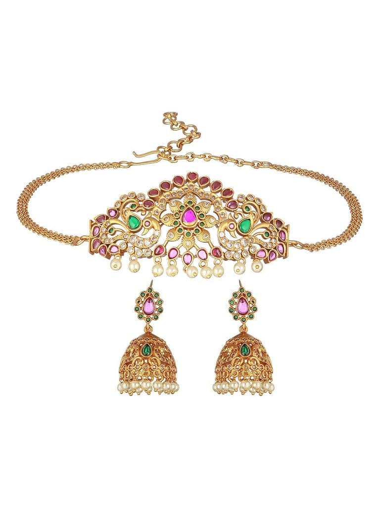Gold plated Zircon Studded Peacock Motif Choker Jewellery Set view 5