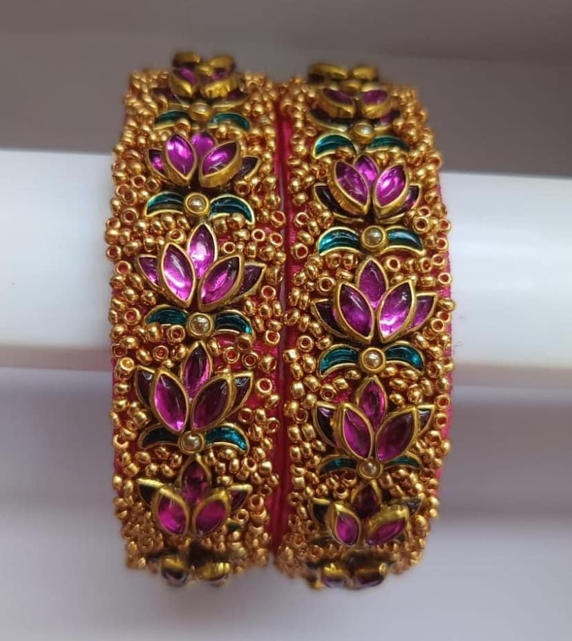Gold Plated Pink Bangle Set with Intricate Stone Work view 2