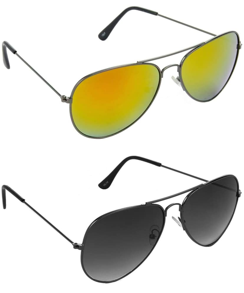 HRINKAR Men Pilot Sunglasses Grey Frame, Yellow & Grey Lens (Medium) - Pack of 2