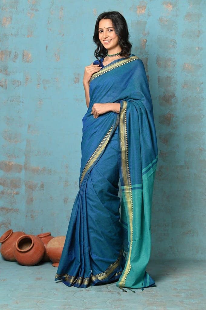 Tyohaar ~ Pure Mul Cotton Handloom Saree - Teal Blue view 2