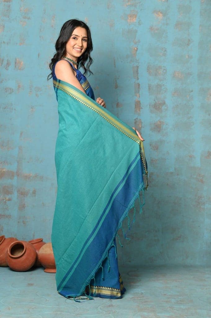 Tyohaar ~ Pure Mul Cotton Handloom Saree - Teal Blue view 3