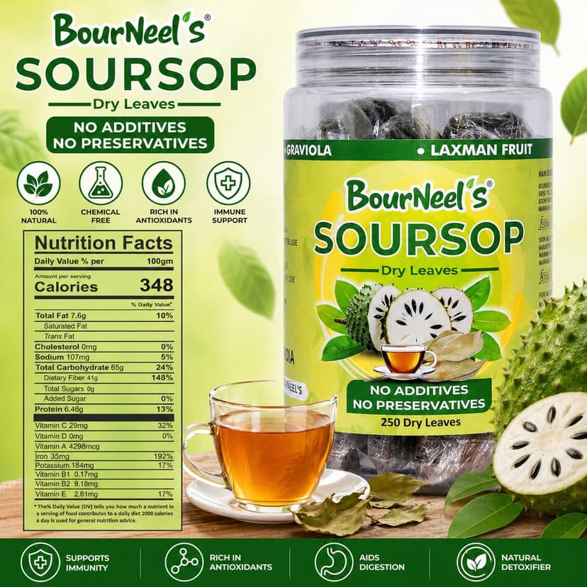 BourNeel's® Soursop Dry Leaves, 250 Loose Leaves |No Preservatives | Healthy Graviola Laxman Phal Dry Leaves | High Vitamin C |Soursop Kadha Tea | view 2