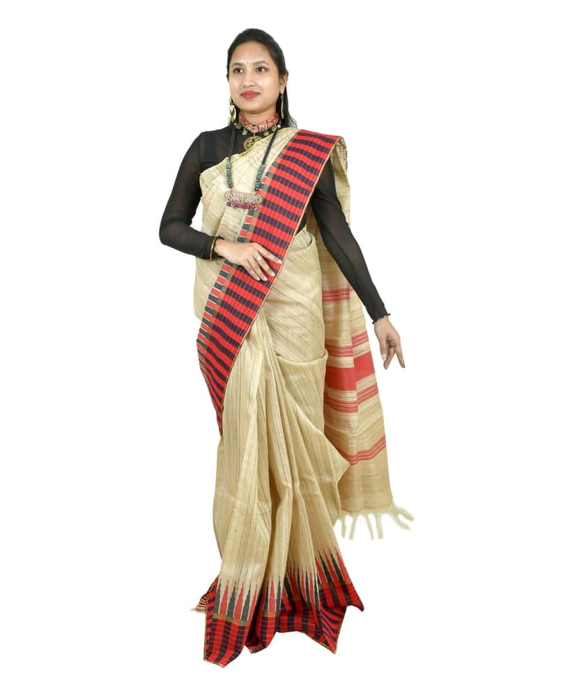 TRIBES INDIA Handloom Natural Silk Saree with Traditional Red & Black Border
