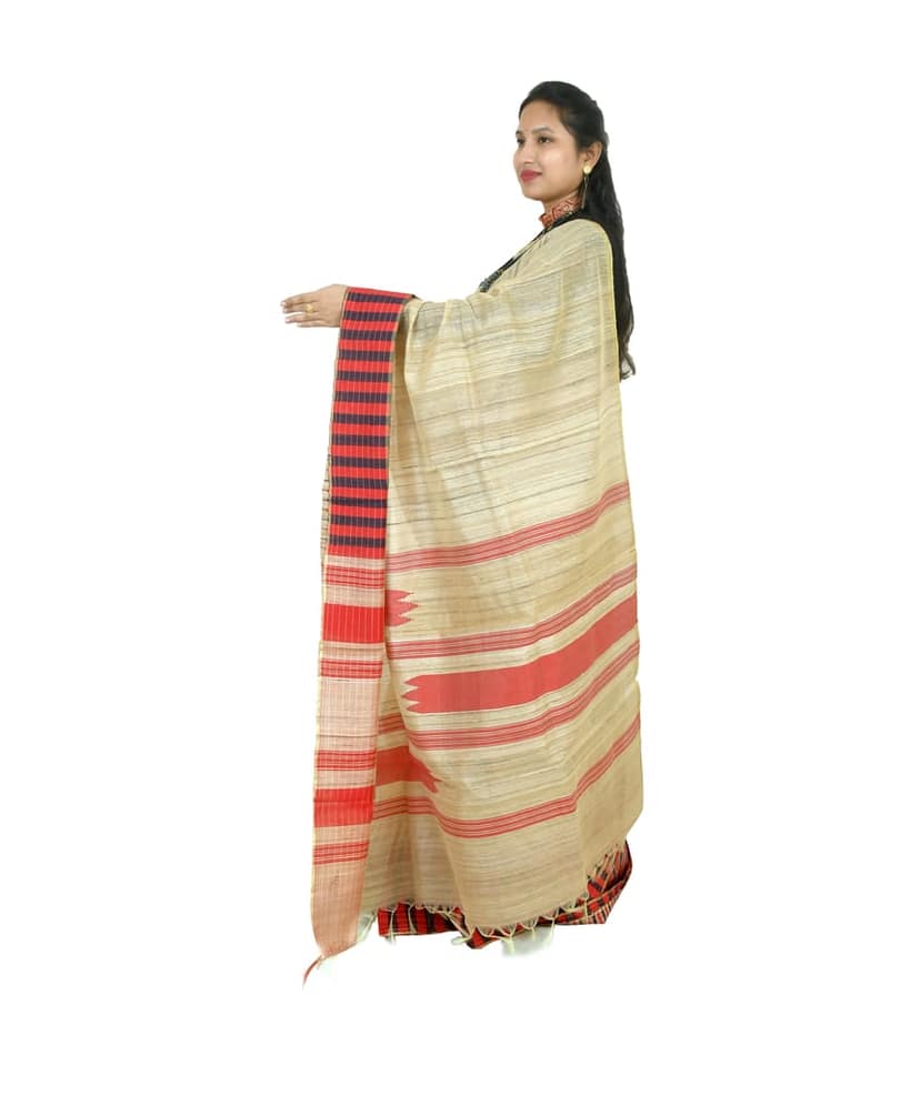 TRIBES INDIA Handloom Natural Silk Saree with Traditional Red & Black Border view 2