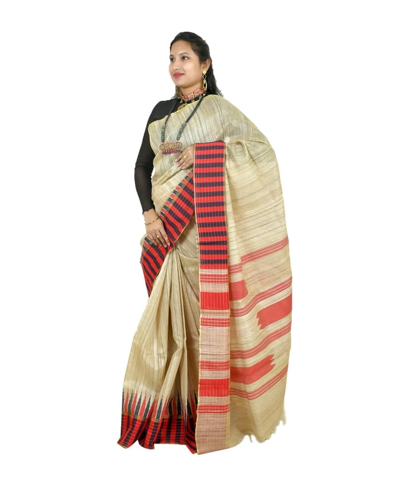 TRIBES INDIA Handloom Natural Silk Saree with Traditional Red & Black Border view 3