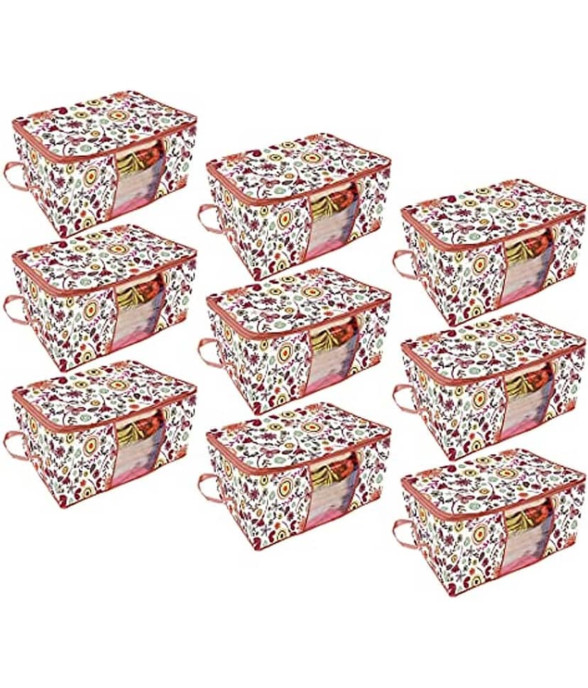 PrettyKrafts Underbed Storage Bag, Storage Organizer, Blanket Cover with Side Handles (Set of 9 pcs) -Multi Flower