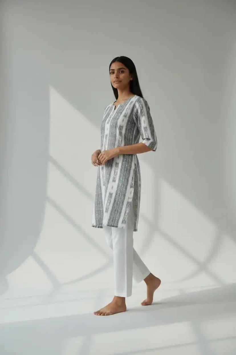 Handwoven Sambalpuri Cotton Kurti in Grey and White Bandhakala Ikat view 3