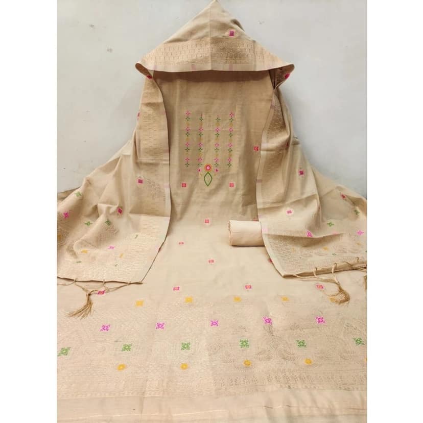 womens banarasi silk printed unstitched salwar suit material with dupatta cream pid62653 view 2