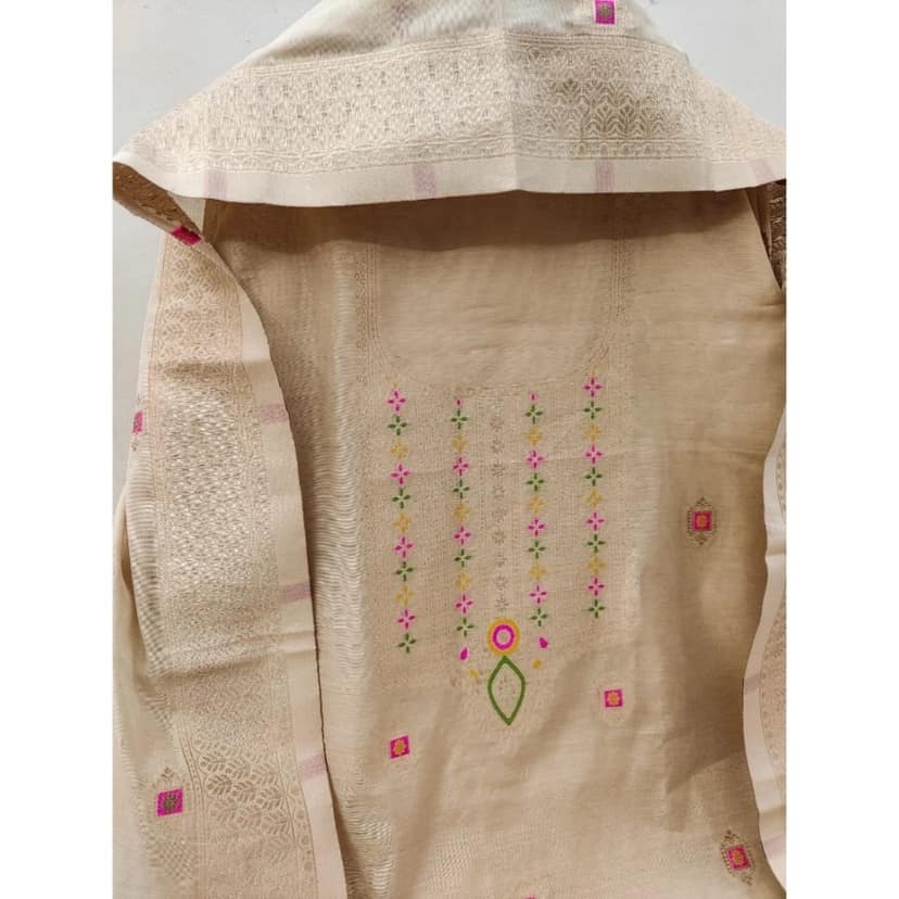 womens banarasi silk printed unstitched salwar suit material with dupatta cream pid62653 view 3