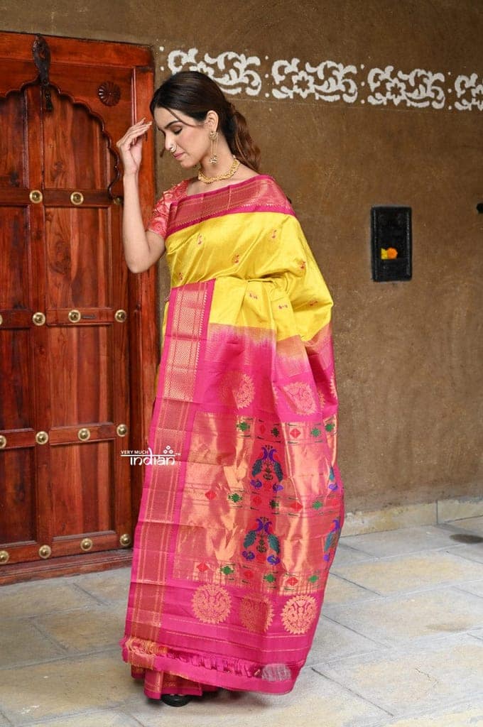 Rajsi~ Pure Silk Handloom - Maharani Paithani in Bright Yellow with Bright Pink Border ( Available in Floral Butti) view 3