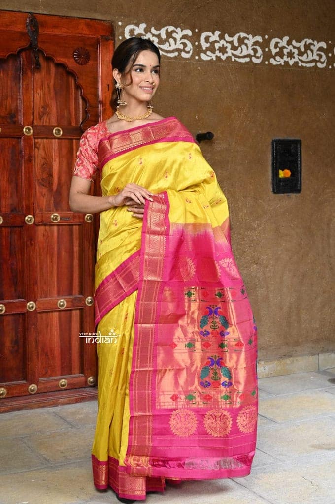 Rajsi~ Pure Silk Handloom - Maharani Paithani in Bright Yellow with Bright Pink Border ( Available in Floral Butti) view 4