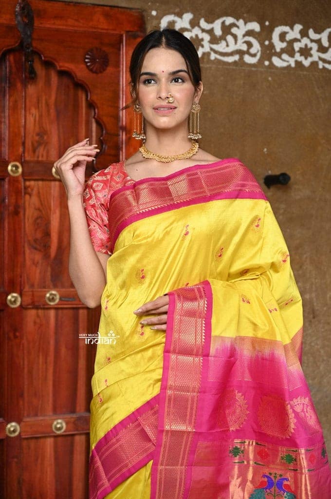 Rajsi~ Pure Silk Handloom - Maharani Paithani in Bright Yellow with Bright Pink Border ( Available in Floral Butti) view 5