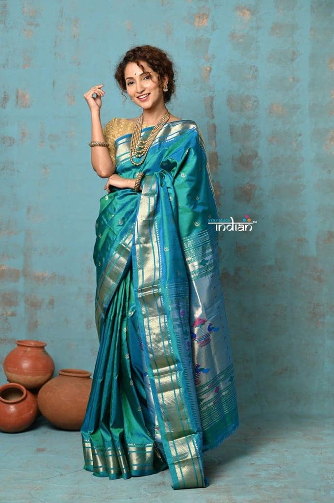 Tyohaar ~ Chandrakor: Handloom Pure Silk Maharani Paithani Saree with Traditional Maharani Pallu ~ Blue (By Government Certified Weavers)