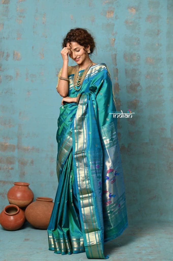 Tyohaar ~ Chandrakor: Handloom Pure Silk Maharani Paithani Saree with Traditional Maharani Pallu ~ Blue (By Government Certified Weavers) view 2