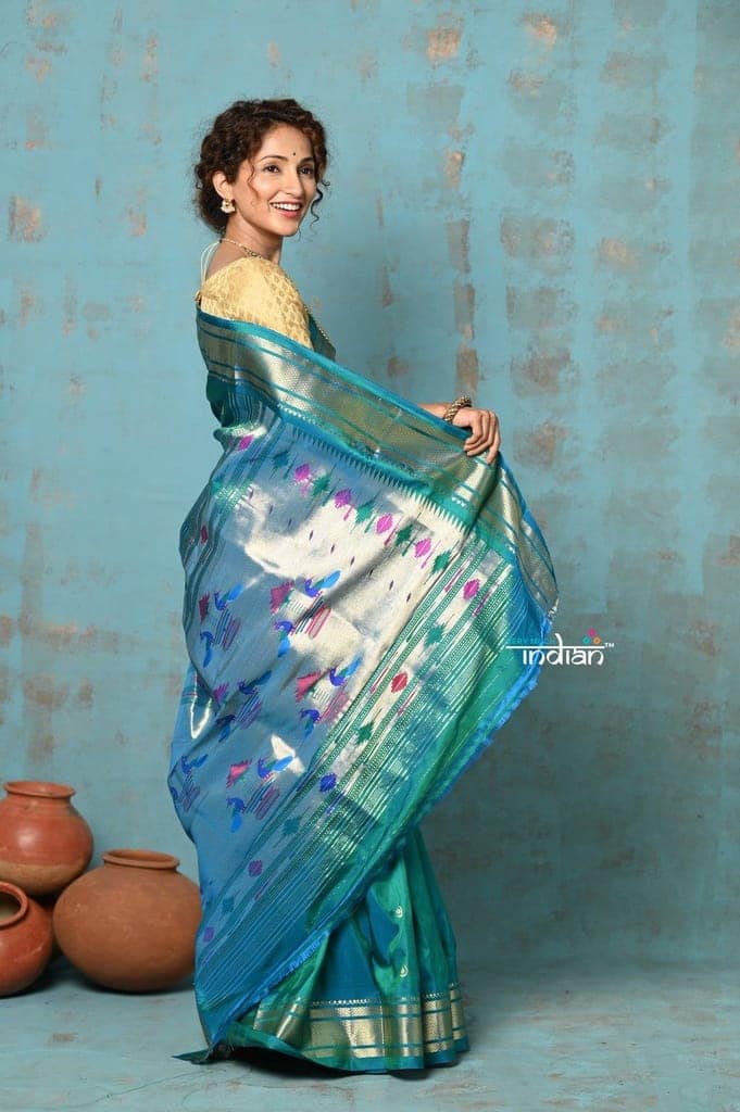 Tyohaar ~ Chandrakor: Handloom Pure Silk Maharani Paithani Saree with Traditional Maharani Pallu ~ Blue (By Government Certified Weavers) view 3