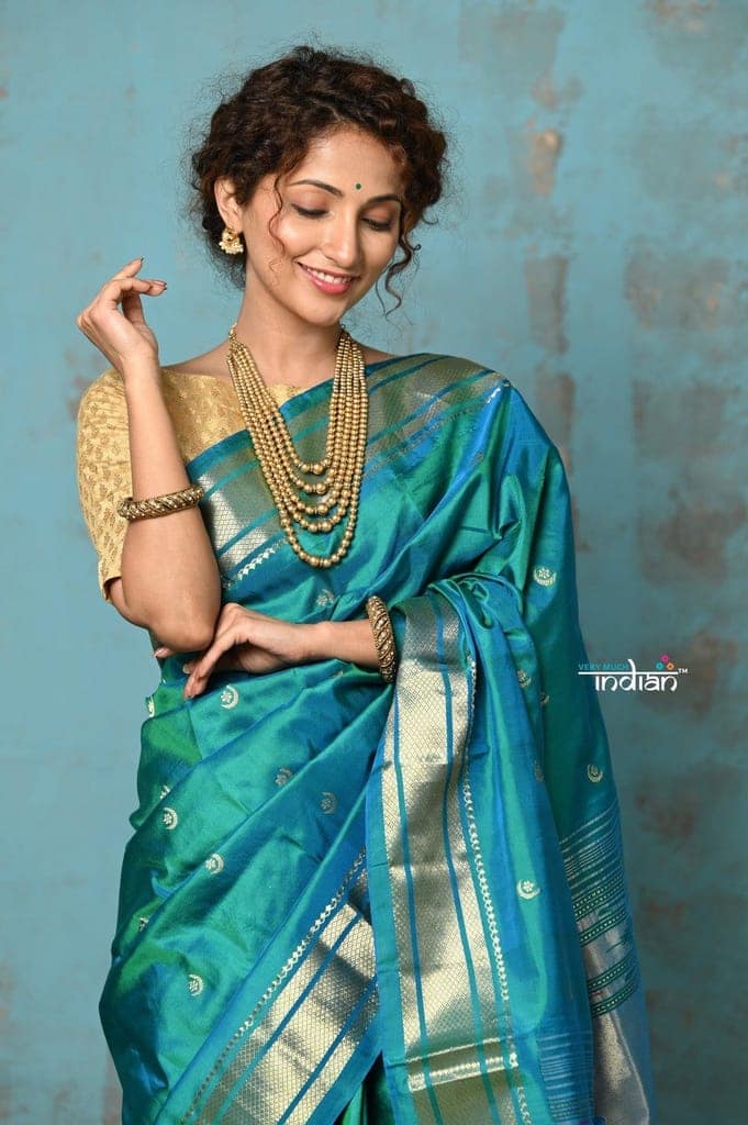Tyohaar ~ Chandrakor: Handloom Pure Silk Maharani Paithani Saree with Traditional Maharani Pallu ~ Blue (By Government Certified Weavers) view 4