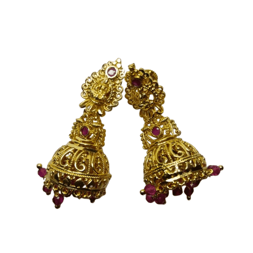 Gold Plated Filigree Bell Earrings with Pink Stones view 2