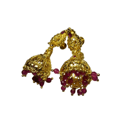 Gold Plated Filigree Bell Earrings with Pink Stones view 3