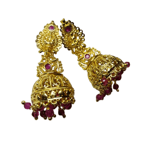 Gold Plated Filigree Bell Earrings with Pink Stones view 4