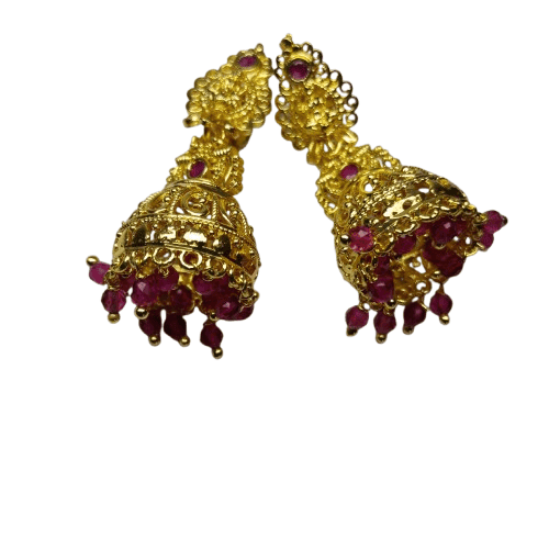 Gold Plated Filigree Bell Earrings with Pink Stones view 5