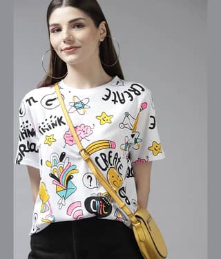 The Dry State Women Cotton Printed Oversized Fit Round Neck T-Shirt ( White )