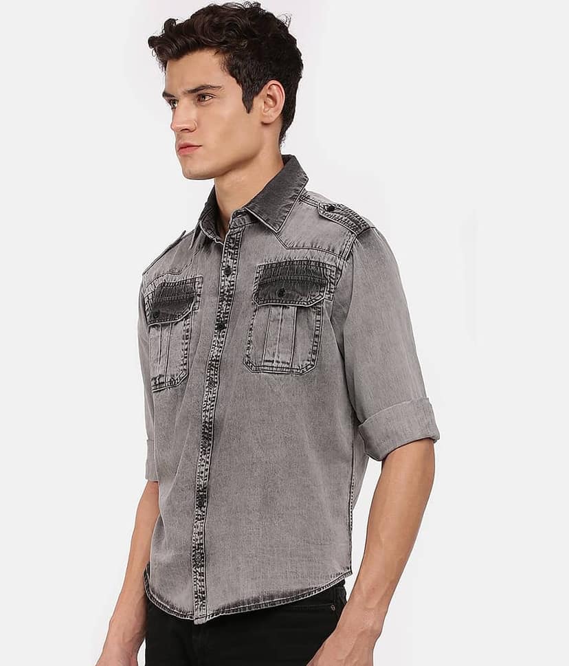 VOXATI Denim Regular Fit Solids Full Sleeves Men's Casual Shirt - Grey ( Pack of 1 ) view 3