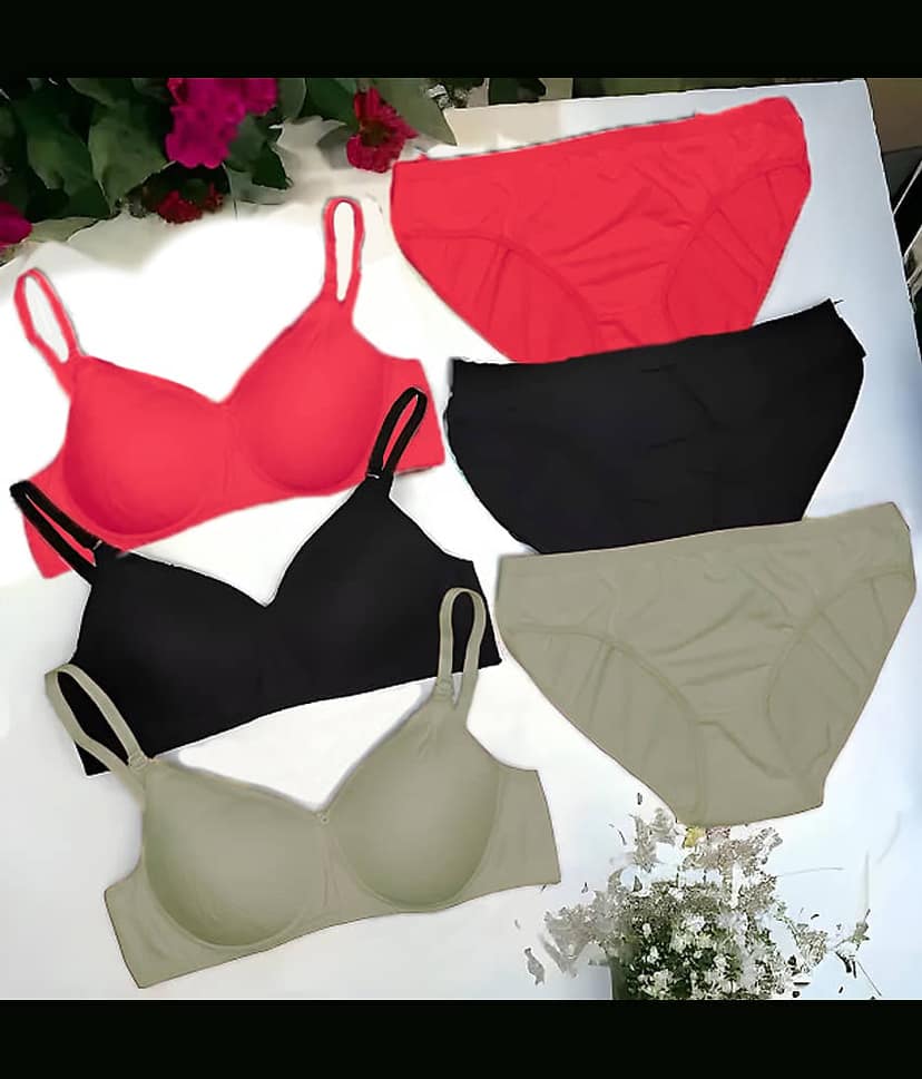 EASTERN CLUB Pack of 3 Cotton Blend Bra & Panty Set For Women ( Black,Pink,Tan )