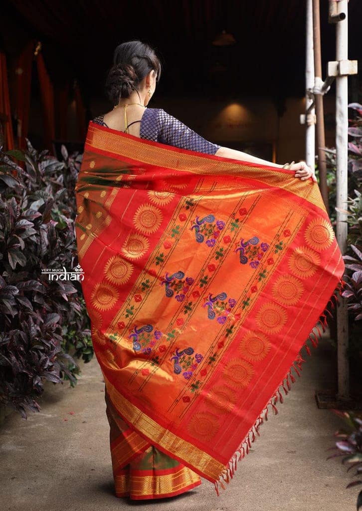 Utsaav ~ Authentic Handloom Pure Silk Maharani Paithani - Beautiful Dual Tone Red Green with Red Border view 2