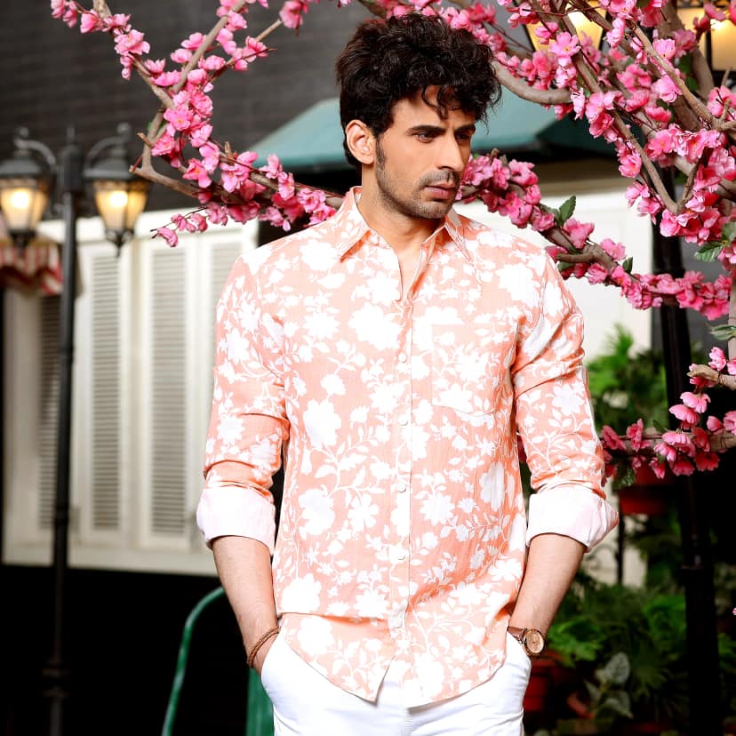 French Marigold Peach Casual Pure Linen Full Shirt (Size - S) by BLUE EAGLE