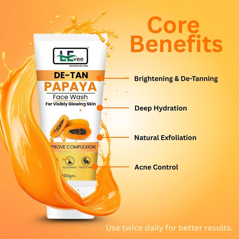 LEvee De-Tan Papaya Face Wash | Skin Brightening Tan Removal Cleanser with Papain Enzymes | For Glowing Skin & Dark Spot Correction | 100ml view 3