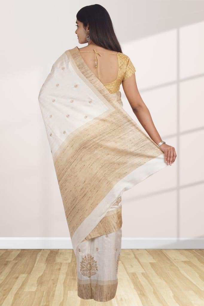 Off-White Linen Saree With Woven Design view 2