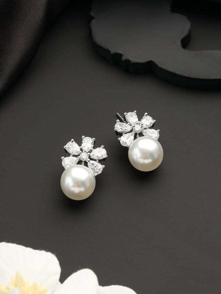 Silver Toned Pearl Beaded Minimal Studs earrings view 3