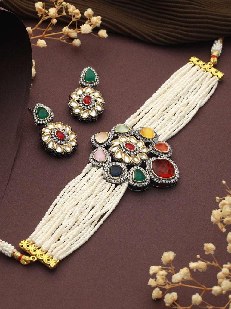 Gold Plated Multi Colored & Pearl Beaded Polki Choker Jewellery Set view 2