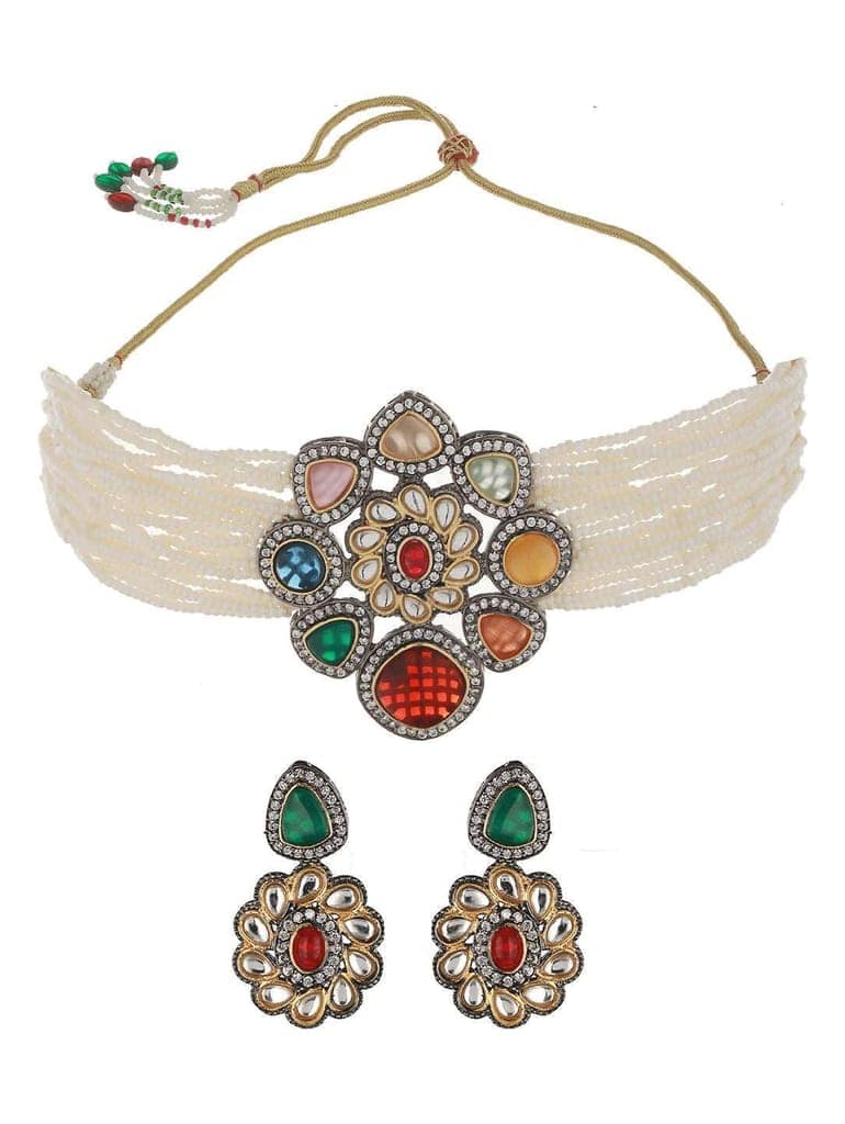Gold Plated Multi Colored & Pearl Beaded Polki Choker Jewellery Set view 3