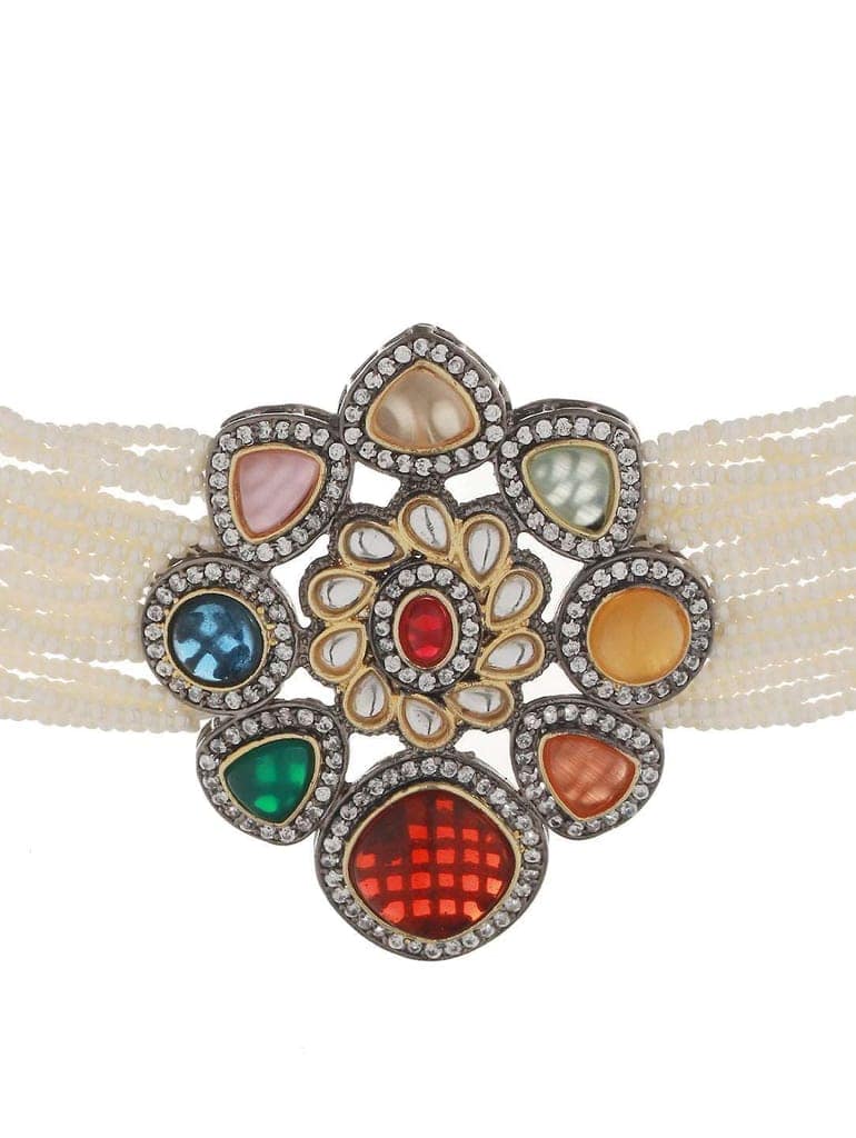 Gold Plated Multi Colored & Pearl Beaded Polki Choker Jewellery Set view 7