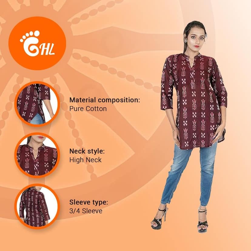 GHL GUENDICHA HAAT Sambalpuri Certified Handloom Women's Pure Cotton High Neck Kurta view 5