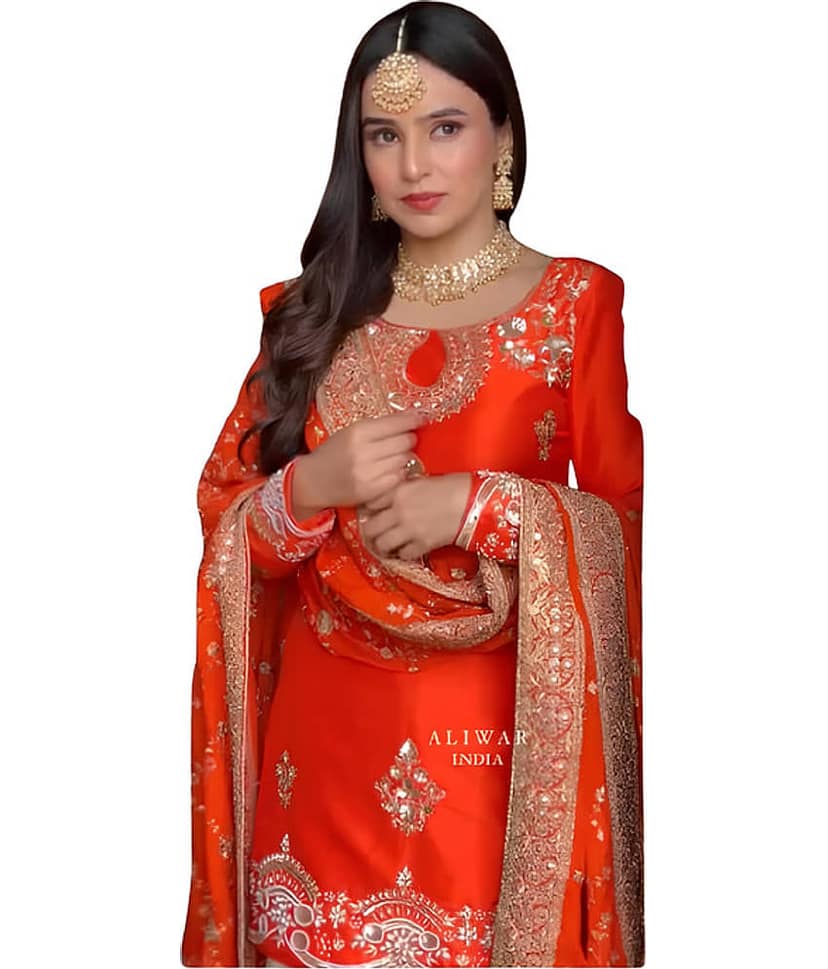 BHAGYASHRAY Women Silk Embroidered Straight Kurti With Sharara And Gharara ( Orange )