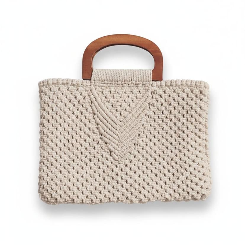 Artisanal Macramé Woven Handbag with Wooden Handles
