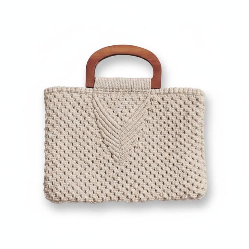 Artisanal Macramé Woven Handbag with Wooden Handles view 2