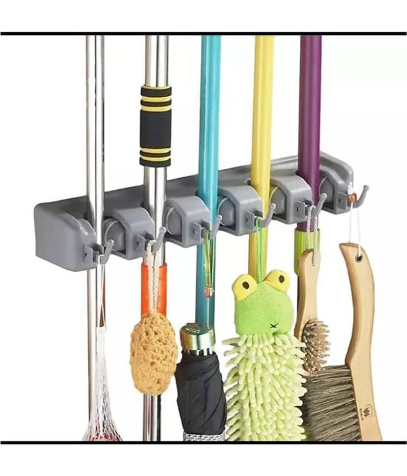 Hi-Lee Mop and Broom Holder | Wall Hanging, 5 Slots with 6 Inbuilt Hanging Hooks/Magic Holder Broom and Mop Organizer view 2