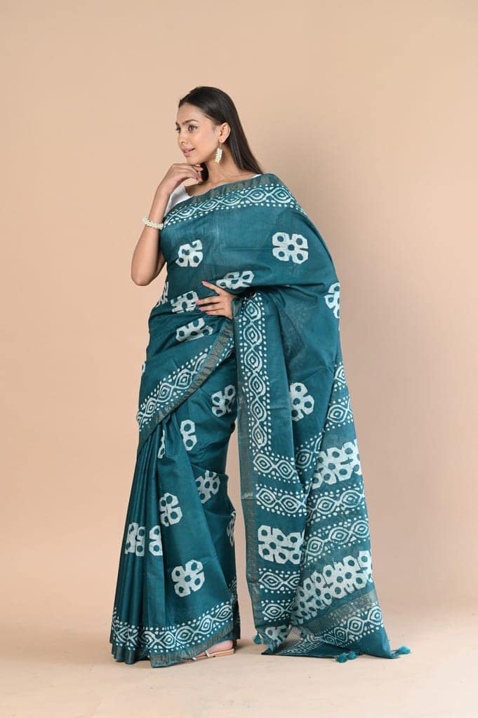 Authentic Handloom Pure Cotton Saree with Hand Batik Work ~ Blue view 2