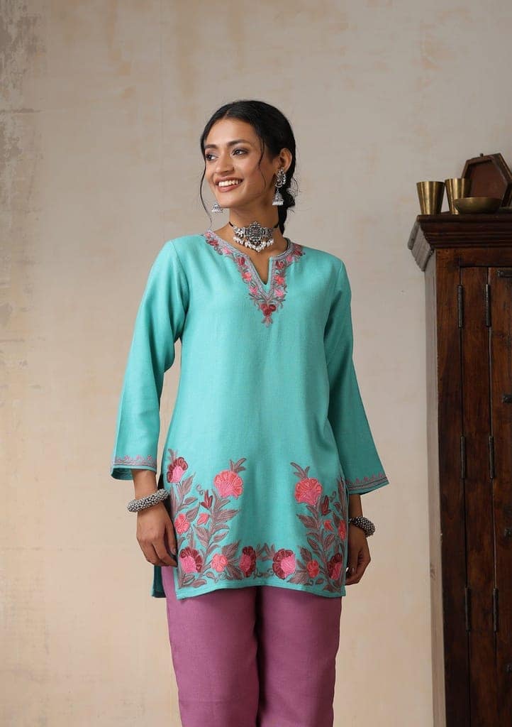 HOC Crafts Aari Embroidered Woollen Solid Women's Short Kurta - Turquoise Blue view 2