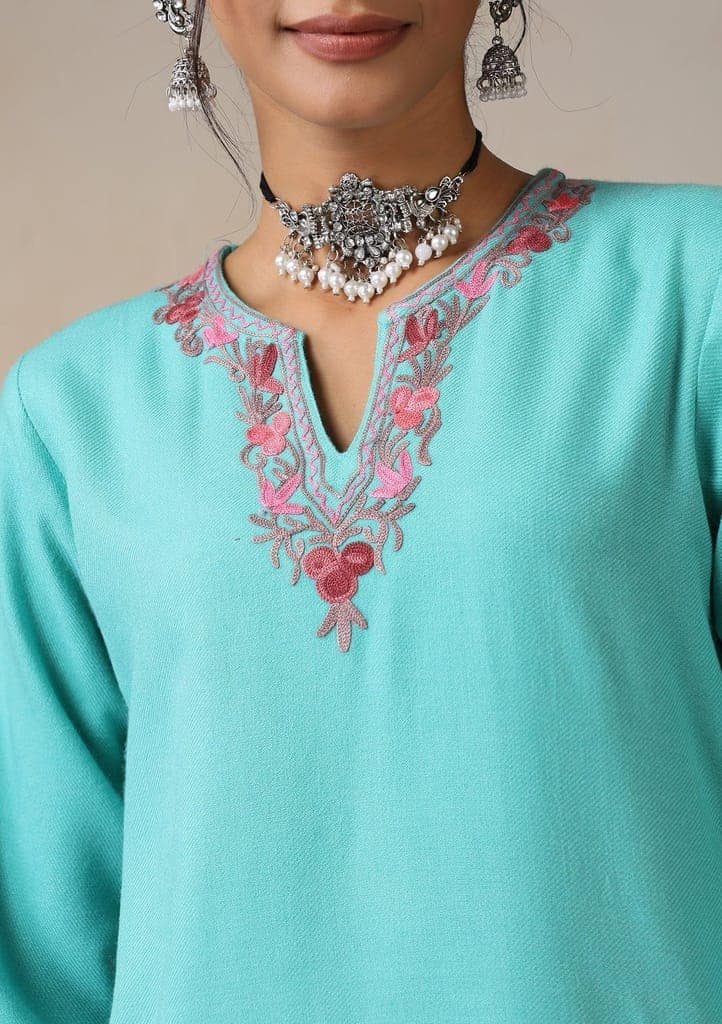 HOC Crafts Aari Embroidered Woollen Solid Women's Short Kurta - Turquoise Blue view 3