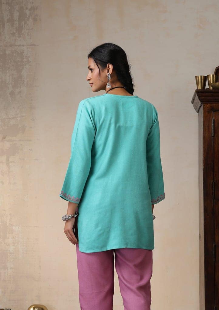 HOC Crafts Aari Embroidered Woollen Solid Women's Short Kurta - Turquoise Blue view 7