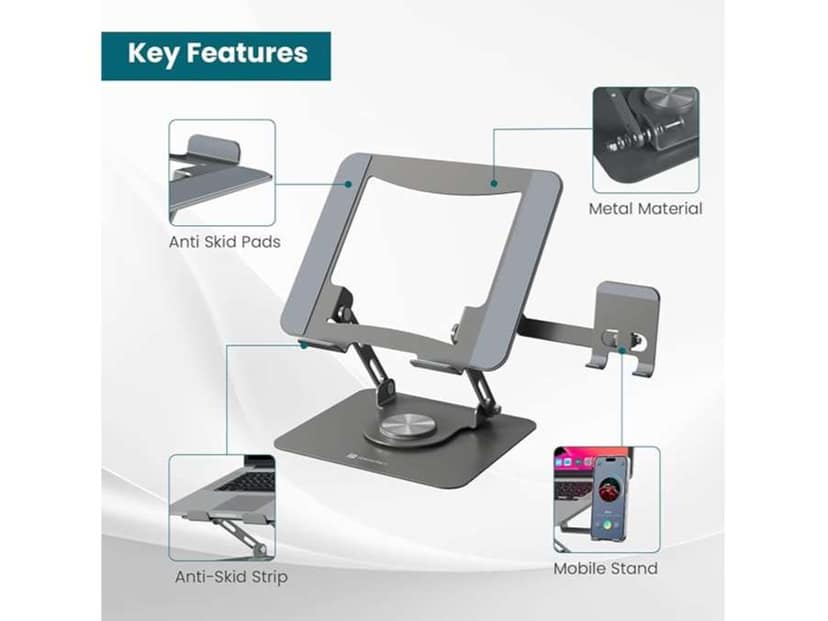 Portronics My Buddy K9 Pro 2-in-1 Laptop & Phone Stand with 360° Rotating Base, Adjustable Height & Angle, Foldable Metal Design, Heat Dissipation, Universal Fit for 10–15.6” Laptops view 4