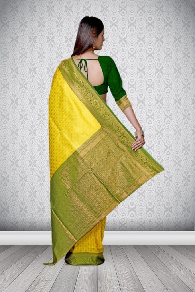 Yellow Brocade Saree with Green border view 2