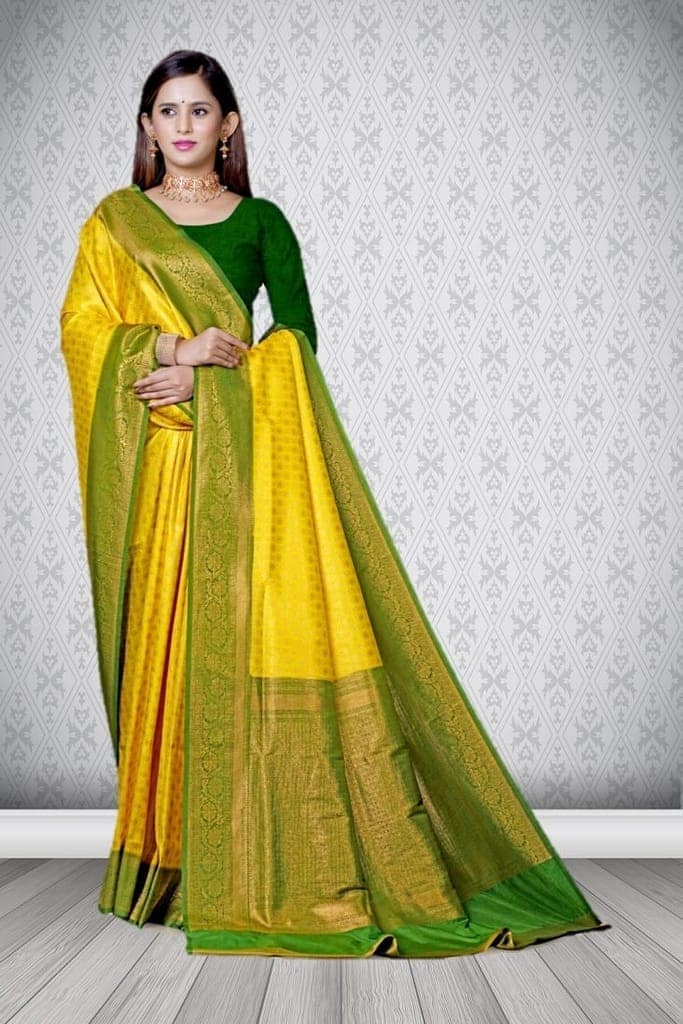 Yellow Brocade Saree with Green border view 3
