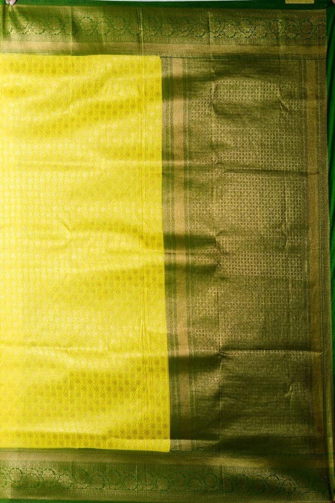 Yellow Brocade Saree with Green border view 4