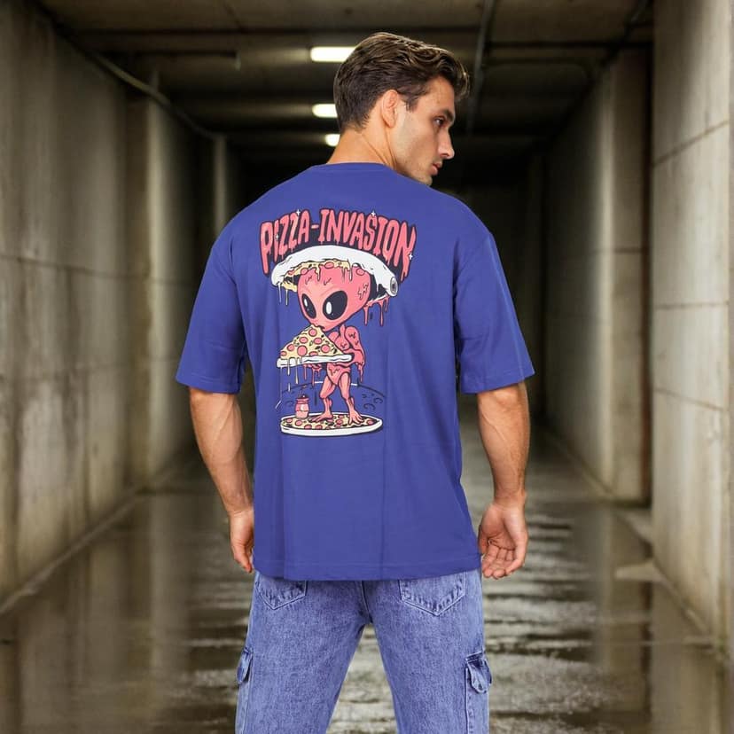 Blue Pizza Invasion Back Print Oversized T-shirt